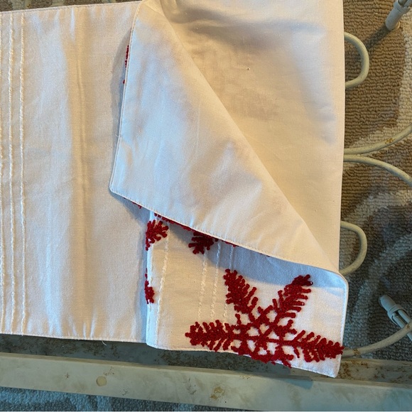 Christmas Table Runner 6’ Long Cross Stitched Red Snowflakes on White Background - Picture 4 of 5